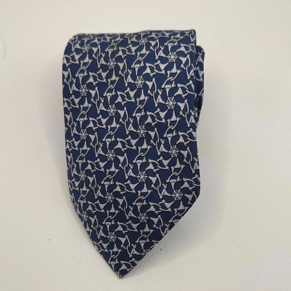 Vtg Hermes Men's Tie Blue Silver Artistic Silk‎ Tie 58” X 3.3” in